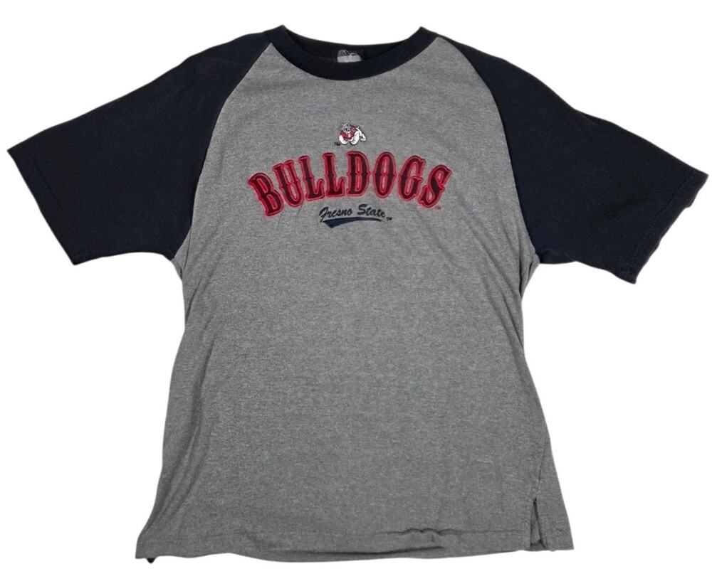 Fresno State Bulldogs Raglan T-Shirt Vintage 90s Y2K Embroidered Gray Blue Large